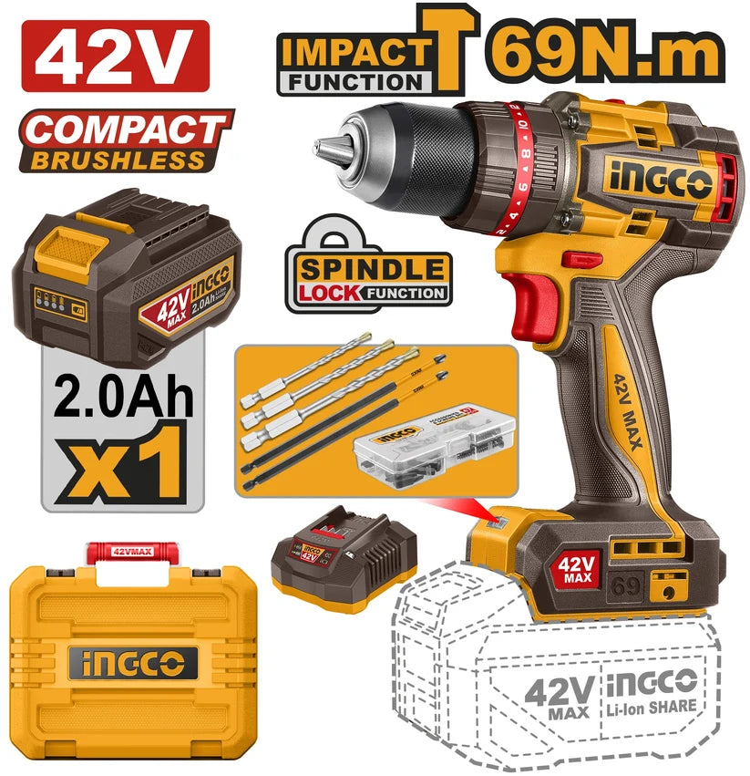 Ingco 42V Impact Drill Kit | 69 Nm | Brushless | P42M