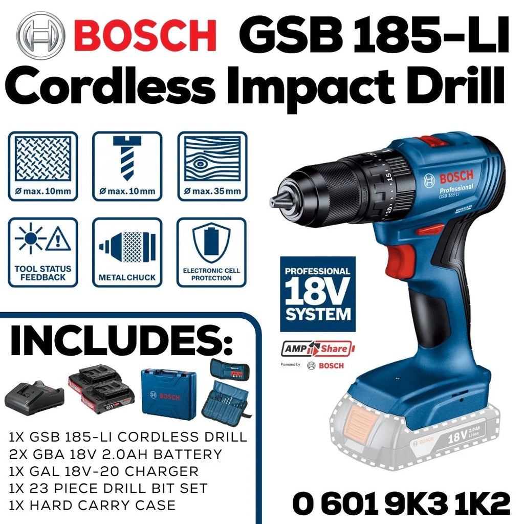 Bosch Professional 18V Cordless Impact Drill (23 Piece Set) | GSB 185-LI
