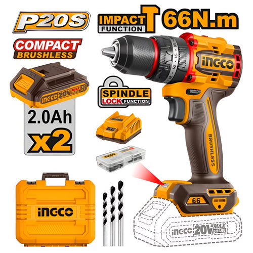 INGCO 20V Impact Drill Kit 66Nm