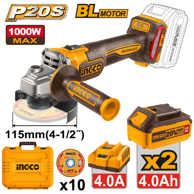 Ingco 20V Angle Grinder 115mm Kit | 1 000W | Brushless | P20S
