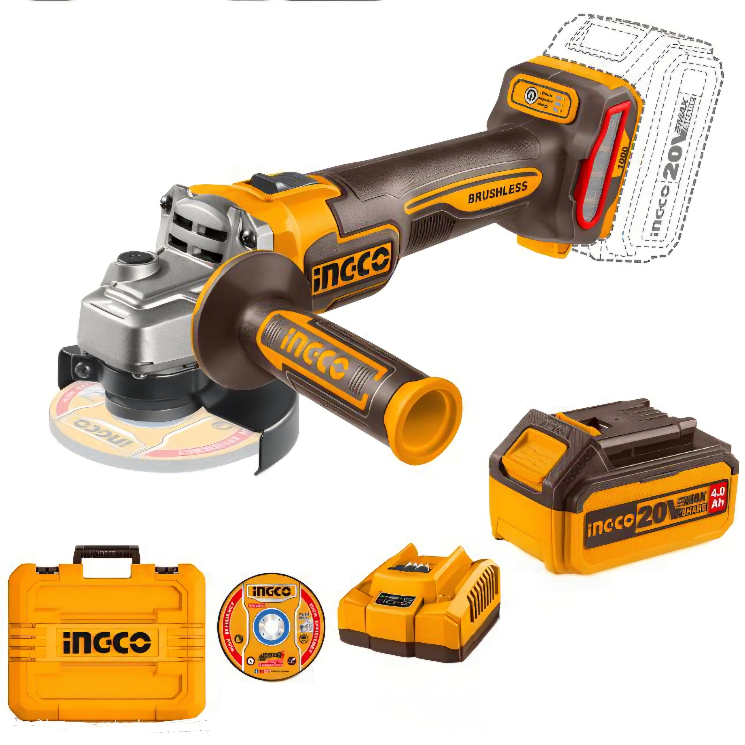 Ingco 20V Angle Grinder 115mm Kit | 1 000W | Brushless | P20S