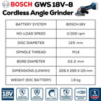 Bosch Professional 18V Cordless Angle Grinder 125mm Kit | GWS 18V-8
