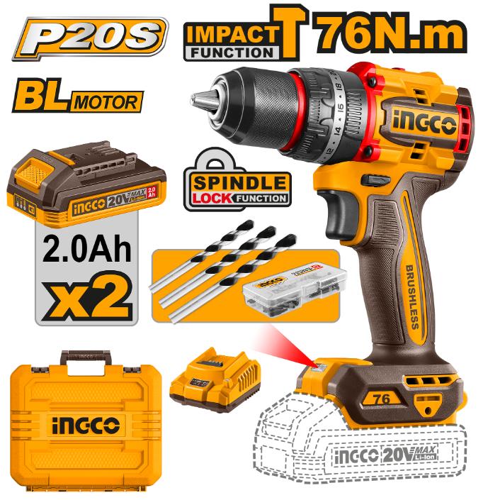 INGCO 20V IMPACT DRILL KIT 76NM