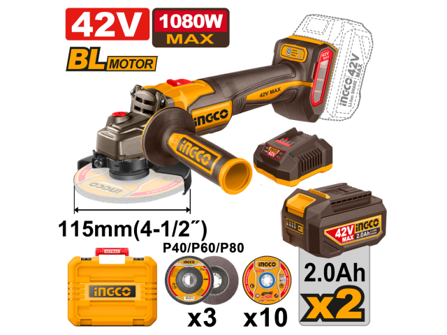 Ingco 42V Angle Grinder 115mm Kit | 1 080W | Brushless | P42M
