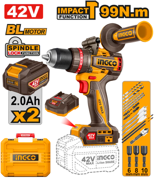 Ingco 42V Impact Drill Kit | 99 Nm | Brushless | P42M