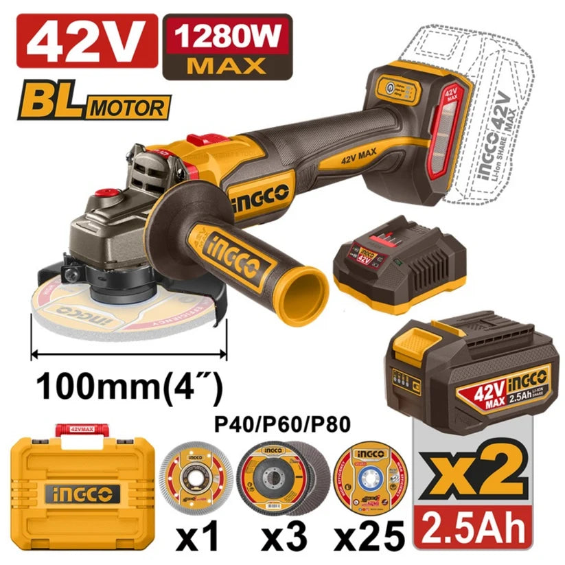 Ingco 42V Angle Grinder 115mm Kit | 1 280W | Brushless | P42M