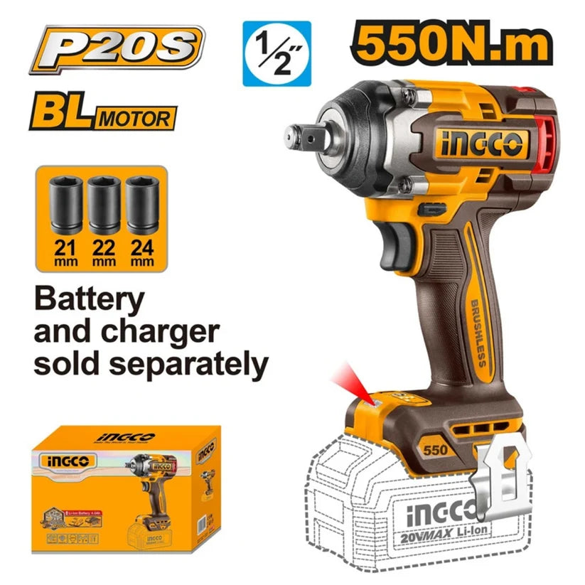 Ingco Cordless Impact Wrench 550Nm 20V (Tool only)