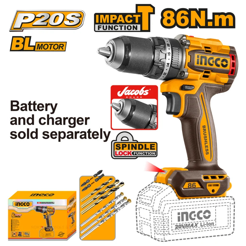 Ingco Cordless Impact Drill 86Nm 20V (Tool only)